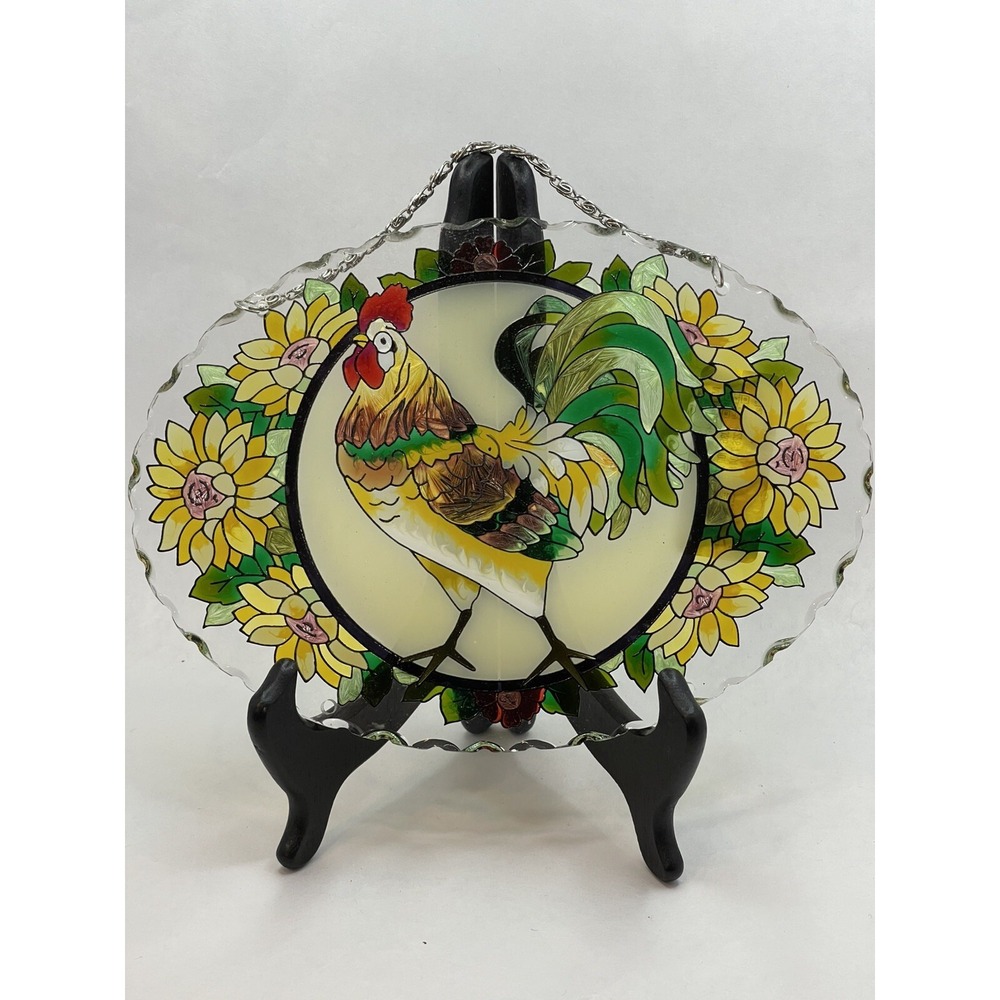 Vintage Painted Glass Sun Catcher Rooster Farm Sunflowers